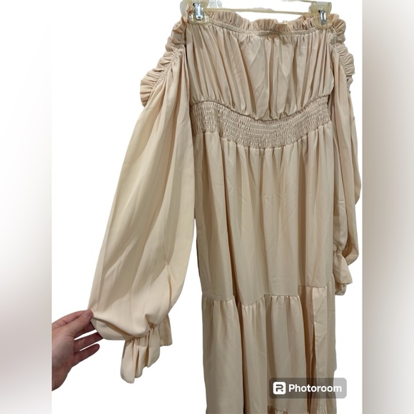 Beige Off Shoulder Long Sleeve Boho Peasant Dress - Picture 7 of 7